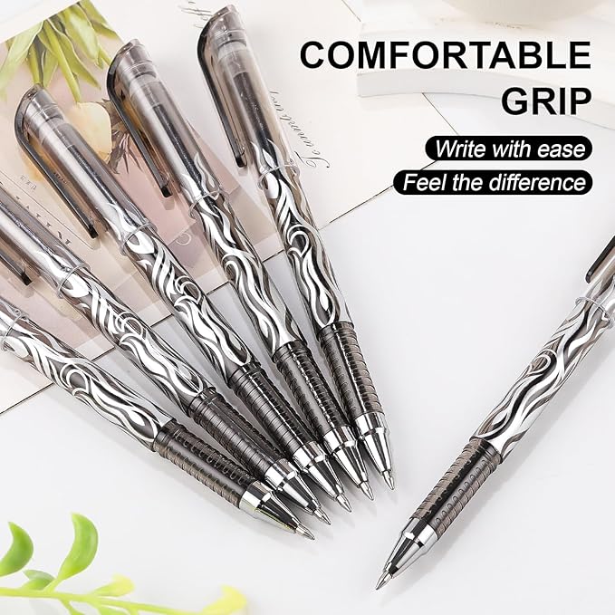 RIANCY 8 Pack Black Ink Erasable Gel Pens, 0.5mm Fine Point, Flame Patterned Barrel, Comfortable Grip, with Eraser, Ideal for Journaling, School Work, Office Tasks, Note Taking, DIY Projects