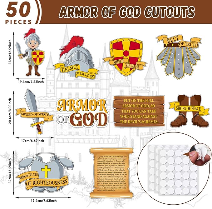 50 Pcs Armor of God Cutouts for Kids Books of The Bible Religious VBS Bulletin Board for Sunday School Religious Classroom Decorations Medieval Children Wall Home Bible Crafts Art Kit