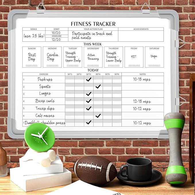 Lincia 24 x 18 Inch Fitness Tracker Whiteboard Workout Calendar for Home Gym Dry Erase Planner Hanging Removable to Do List for Wall Whiteboard with Aluminum Frame for Gym Program(Style A)