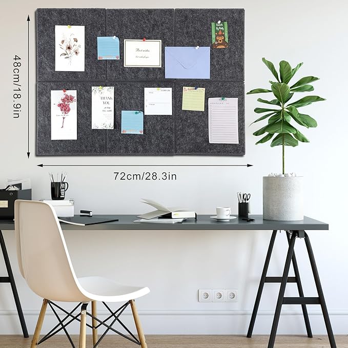 Large Cork Board 28" x 19", 6 Pack Felt Bulletin Board with Pushpins, Cork Boards Alternative with Self-Adhesive Strips, Felt Wall Tiles Pin Boards for Walls Office Home School Decor-Dark Gray