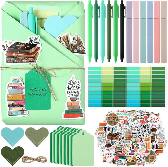 Sabary 6 Set Blind Date with a Book Gift Box Supplies Excluding Books Leather Bookmarks Stickers Kraft Tags Pens Wrapping Papers Mother's Day and Teacher's Day Graduation Book Lovers Club Gifts(Green)