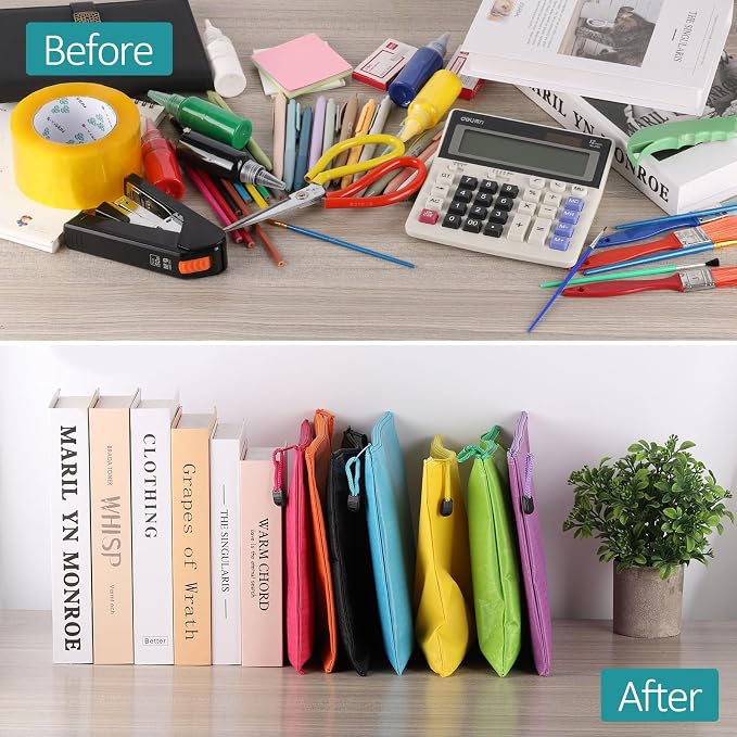 12pcs Zipper Pouch with Labels, Waterproof Pencil Storage Bags for Office Supplies Travel Accessories, A4 Size, 12 Colors
