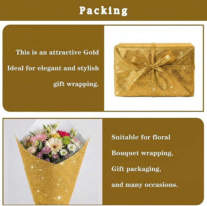 16" × 30ft Gold Yellow Glitter Bulletin Board Roll Sparkle Decorations Bulletin Board Background Non Fading Wallpaper DIY Art Crafts Poster Paper for Home Office Classroom Decoration Wrapping Crafts