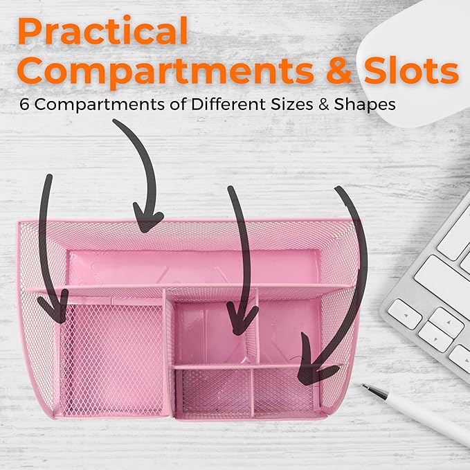 Mesh Desk Organizer - Office Accessories with Sticky Notes, 6 Compartments, Drawer & Pen Holder for Home, School