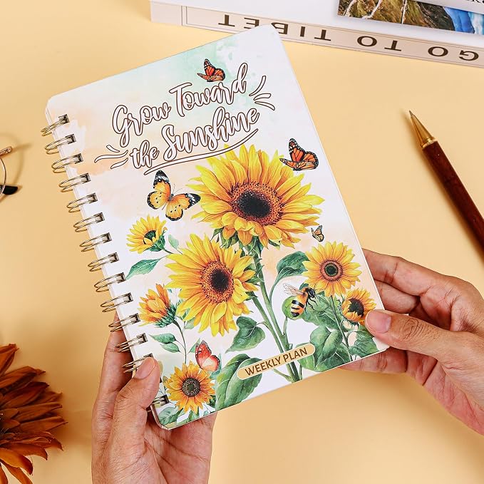 Sunflower Weekly Planner Hardcover - 52 Weeks Undated Daily Schedule Organizer with Personal Info Page & Perpetual Calendar, Floral Planning Notebook Gift for Women & Students, Office Home Planning