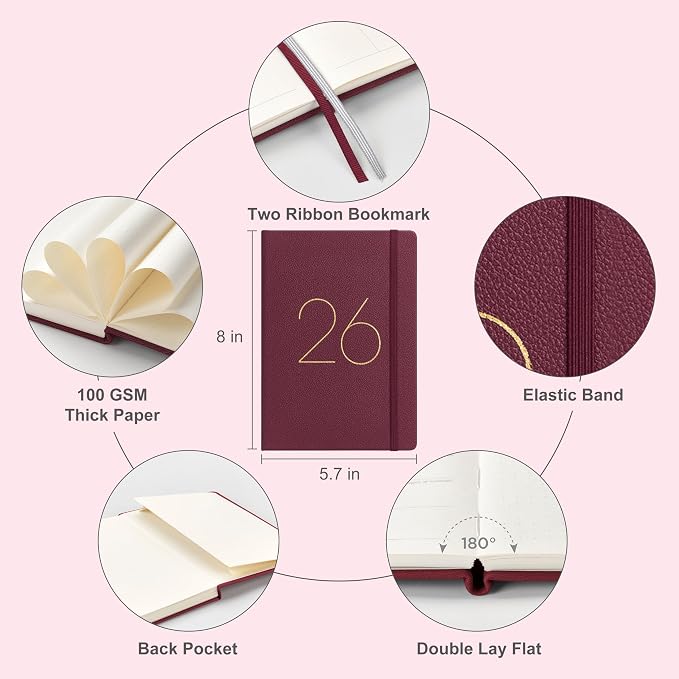 And Per Se 2026 Planner, 15 Months Hardcover Daily, Weekly & Monthly Planner, A5 size, 100GSM Thick Paper, Back Pocket, 5.7" x 8"(Dark Red)