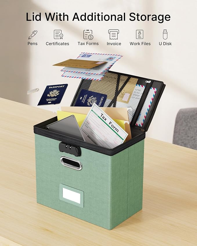Oterri File Organizer Boxes with Lids, File Box with Mesh Pockets for Letter Size Folders, Lockable Zippers Filing Box for Home,Office, School (Green, Small-L-2 Pack Without Folders)