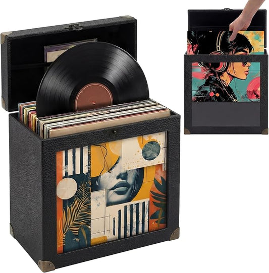 Amyhill Vinyl Record Storage Box with Display Window, Holds 30-35 Single Records 7/10/12 Inch Albums, PU Leather Record Case with Lid & Handle, Water-resistant Lp Storage for Records(Black,PU)