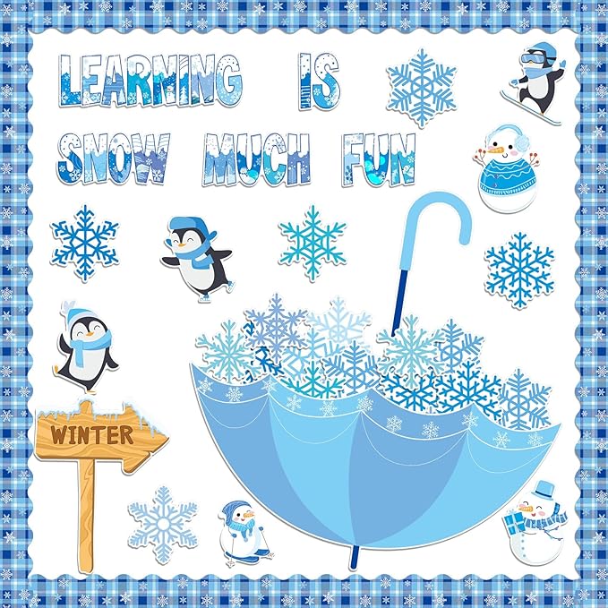 TaoBary 83 Pcs Winter Snowflake Bulletin Board Set Snowflake Penguin Snowman Umbrella Cutouts Learning is Snow Much Fun Bulletin Board Decorations for School Home Chalkboard Wall Decor