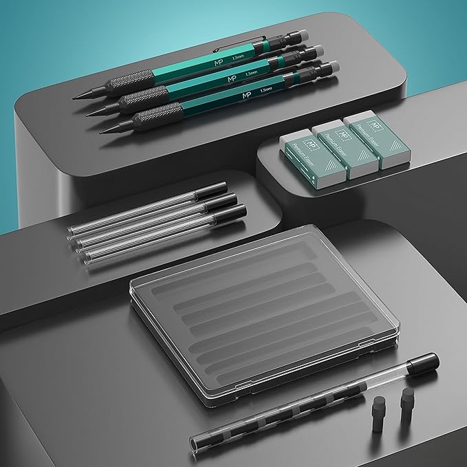 Mr. Pen- Metal Mechanical Pencil Set with Lead Refills & Erasers, 3 Pack, 1.3 mm, 3x Lead & 6x Eraser Refills, 3x Premium Erasers, Ideal for Precision Drawing Pencils for Sketching & Technical Artwork