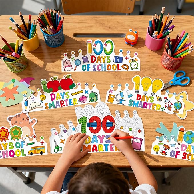 36 Set 100 Days of School Coloring Crowns 100th Day of School Paper Craft Crown Hats 100 Day Party Decorations Color Your Own Crafts for Students Classroom Activities Gift Celebration Supplies DIY Art