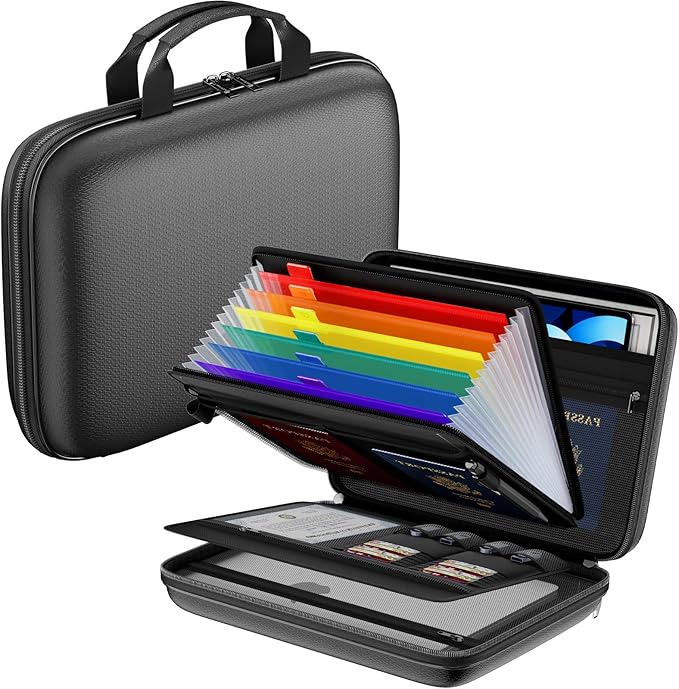 Tamfile Fireproof Document Box with Lock, Hard Case File Organizer with 7-Pocket Accordion Colour File Folder, Portable Safe Storage for Home Office Travel to Important Documents, Laptop, Black