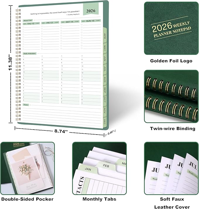 2026 Planner - 11.38'' x 8.74'', Weekly & Monthly Planner Notepad, Jan. 2026 - Dec. 2026, Appointment Book, 60 Minutes Interval, Monthly Tabs, Faux Soft Leather, Spiral Bound - Green