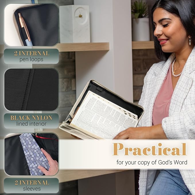 Christian Art Gifts Fashion Premium Vegan Leather Inspirational Bible Cover for Women: Everything Beautiful Encouraging Golden Bible Verse, Pen Loops, Pockets, Taupe & White Multicolor Floral, Large