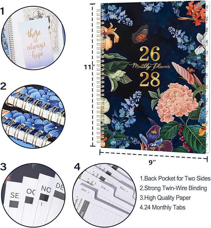 Monthly Planner/Calendar 2026-2028 - Monthly Calendar 2026-2028, July 2026 - June 2028, 9" x 11", 2 Years monthly Planner with Tabs, Contacts + Back Pocket + Twin-wire Binding - Floral