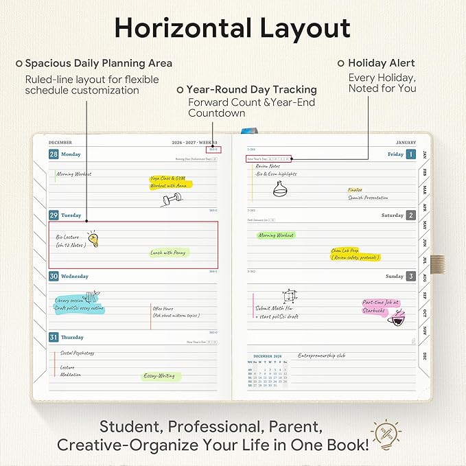 Planner 2026-2027 Weekly & Monthly Planner, 18 Month Academic Calendar July 2026 – Dec 2027, Horizontal Layout with Monthly Tabs, Textured Fabric Hardcover, White