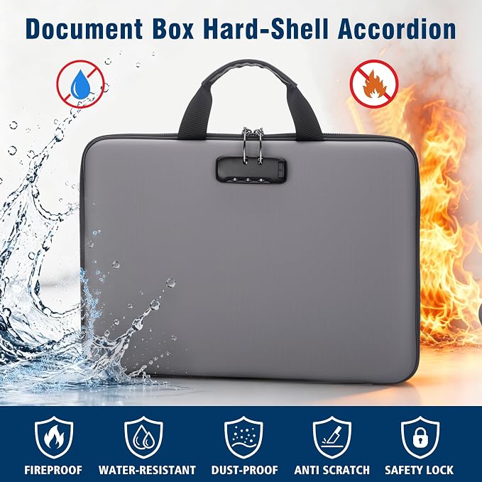 Fireproof Document Box with Lock, Hard-Shell Case Fireproof File Organizer with 13 Pocket Accordion File Folder, Portable Home Office Travel Safe Storage for Important Documents Laptop