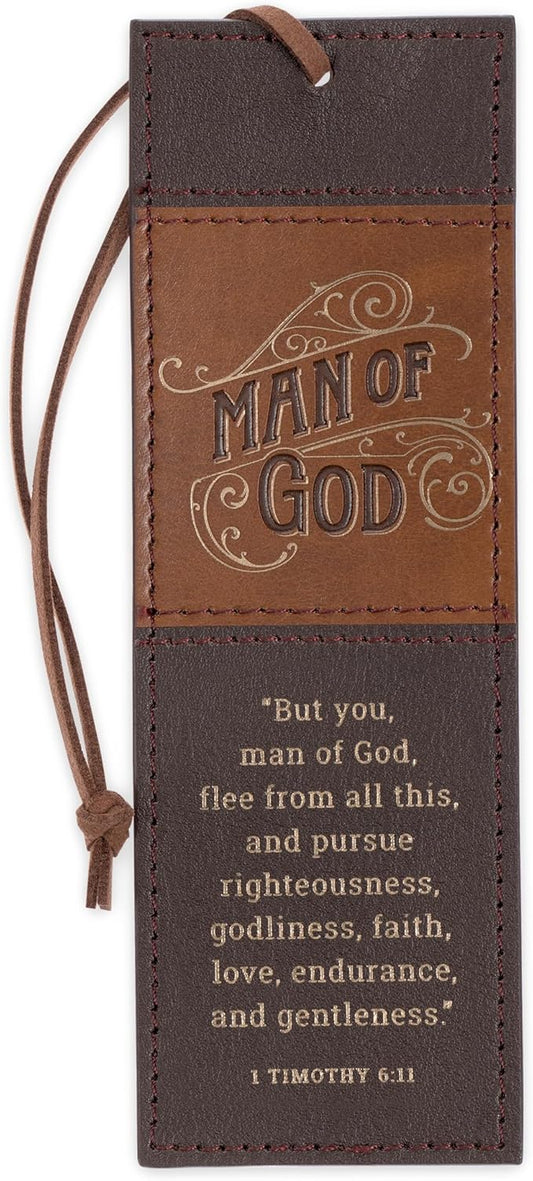 Christian Art Gifts Premium Inspirational Scripture Vegan Leather Bookmark for Men: Man of God Encouraging Bible Verse, Knotted Cord, Gold Text, Sturdy Slim Book Reading Accessory, Light & Dark Brown