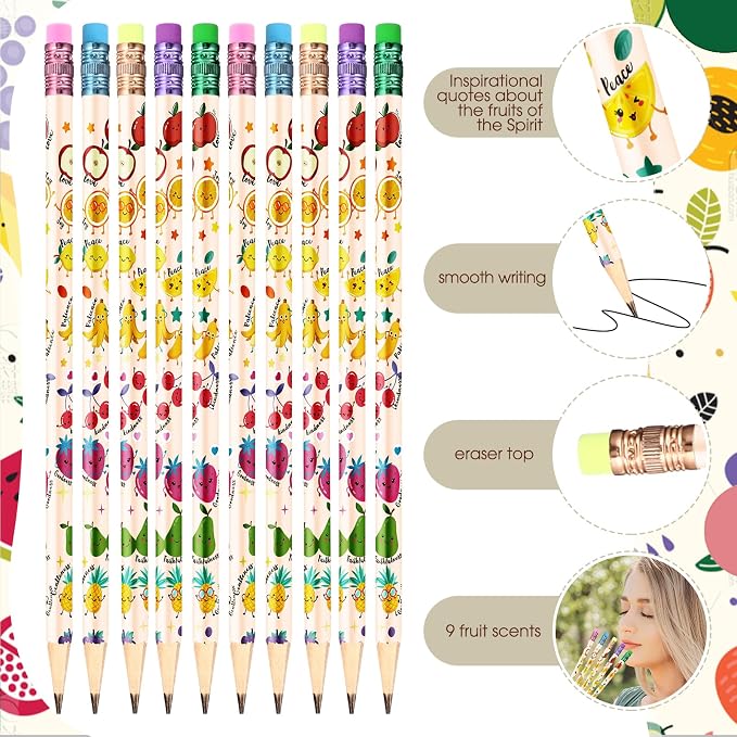 Dunzoom 36 Set Fruits of The Spirit Gift Fruit Scented Pencil with Eraser Christian Bookmark Religious Sunday School Prize Christian VBS Gifts for Church Gift Exchange (English)