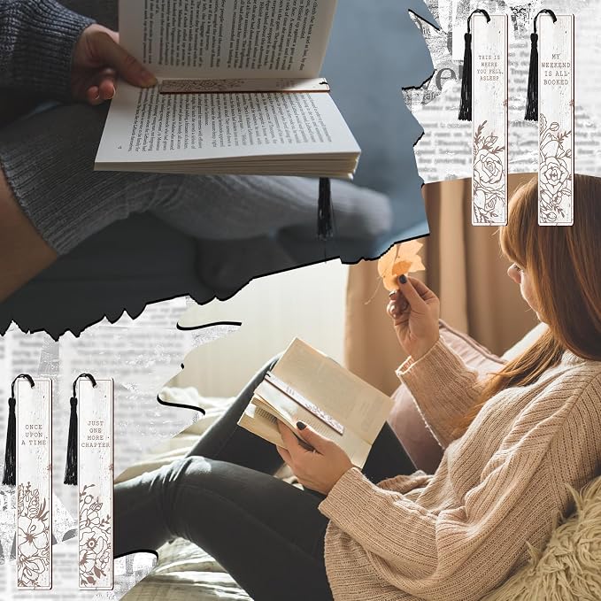 Colarr 12 Pcs Wood Bookmarks for Woman Book Club Gift for Book Worms Books Lovers Bookmarks Bulk with Tassels for Reading Party Favors Books Exchange Club Men & Women Friends