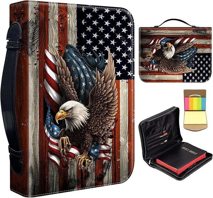 Bible Cover for Men,Large Leather Bible Case Fit Book Up to 11x8x2 Inch,Bald Eagle with Flag Bible Covers Bible Study Carrier Church Bags w/Handle & Zipper