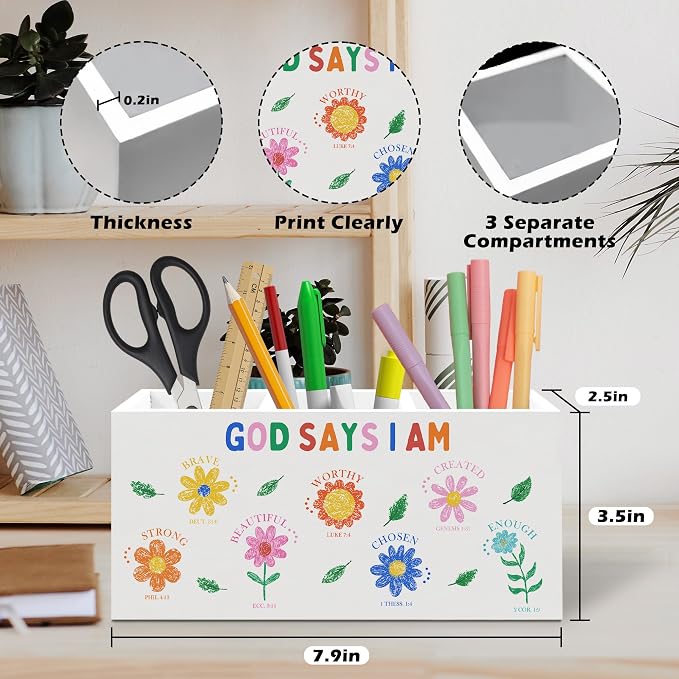 Christian Bible Verse Floral Pen Holder, Inspirational Office Pen Pencil Holder Organizer for Desk Accessories, God Says I Am Wooden Box Desk Decor for Girl Nursery Room Desk Decorations