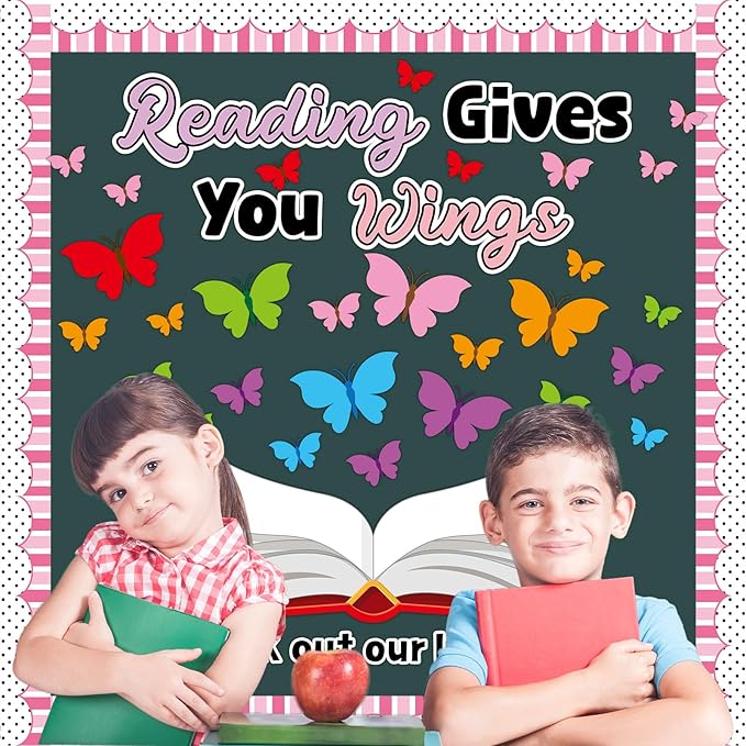 Reading Bulletin Board Set Reading Gives Your Imagination Wings Classroom Decoration Motivational Colorful Butterfly Paper Cutouts for Back to School Nursery Library Door Wall Decor Supplies