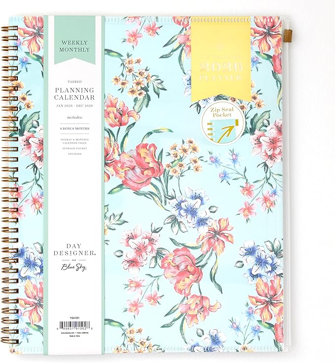 Blue Sky Day Designer 2026 Weekly and Monthly Planner Calendar, January 2026 - December 2026, 8.5" x 11", Flexible Cover With Zip Pouch, Durable Twin Wire Binding, Storage Pocket, Includes Stickers, Tulip Garden Mint