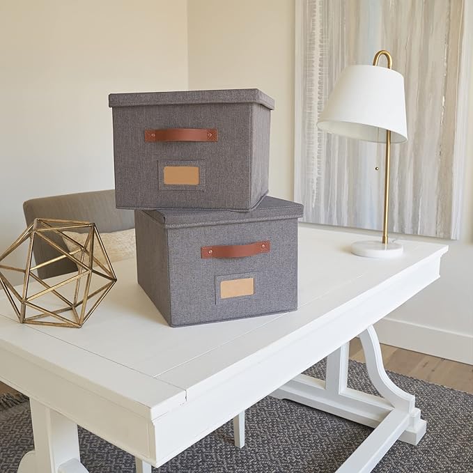Decorative File Organizer Box Set of 2 - Collapsible Linen Filing Cabinets with Handles Are Perfect to Store All Your Documents & Hanging File Folders - Portable Easy Slide Office Crates with Lid