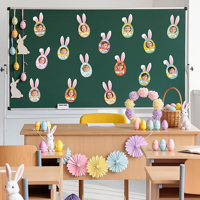 83Pcs Easter Bunny Ear Egg Cutouts for Bulletin Board Decorations, Colorful Easter Rabbit DIY Photo Name Tag Craft Kit, Spring Classroom Chalkboard Door Wall Decor Home School Party Supplies