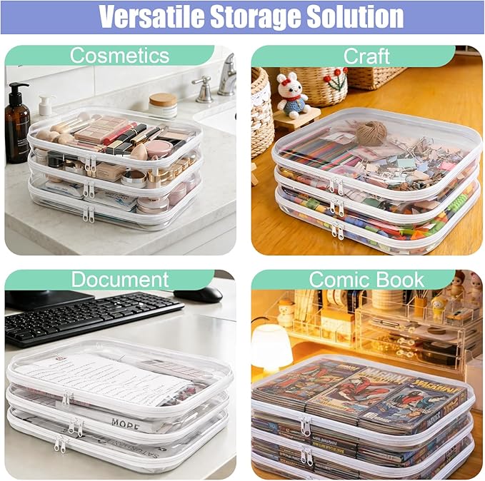 3 Pack Extra Large Clear Board Game Storage Hard Shell Case with Zipper, Organizer Set with Stickers for Card Decks Puzzle Magazine Comic Book Documents a4 Paper and Craft, 13.8 × 11.8 in