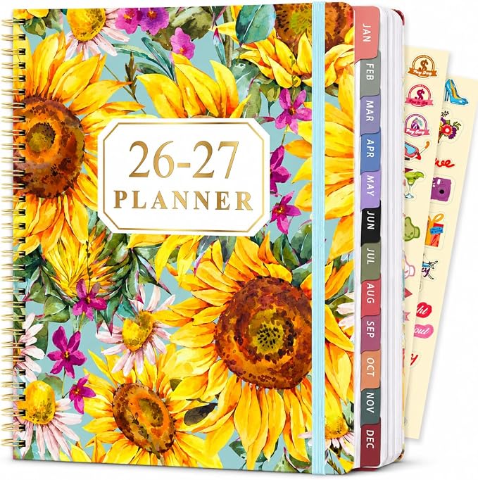 Planner 2026-2027 Weekly and Monthly 18 Month Daily Calendar Planners July 2026-Dec 2027 8.5 x 11 Yearly Hardcover Large Agenda with Stickers& Tabs for Women- Sunflower