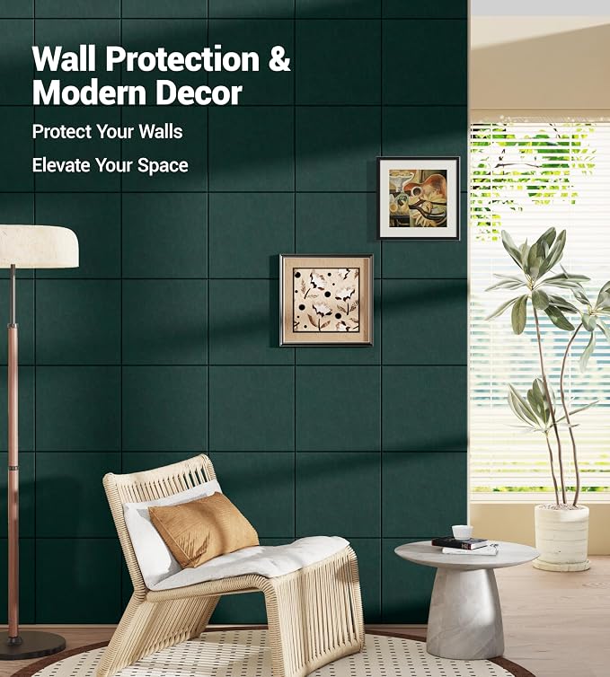 1/2" Thick Cork Board for Office, 6 Pack Felt Wall Tiles -28"x18" with Safe Adhesive Tabs, Large Bulletin Board, Push Pin Board Organizer Wall - Forest Green