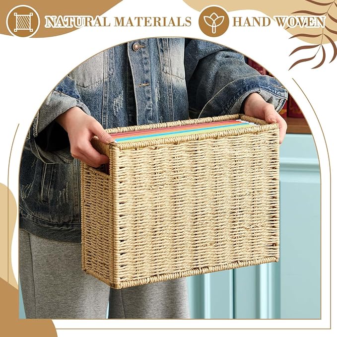 Teenyyou 2 Pack Hanging File Box 14.5 x 6 x 10.8 Inch Paper Rope Decorative Filing Basket Woven Document Organizer Folder Box with Handle Collapsible Letter Size Filing for Office Home Storage Decor