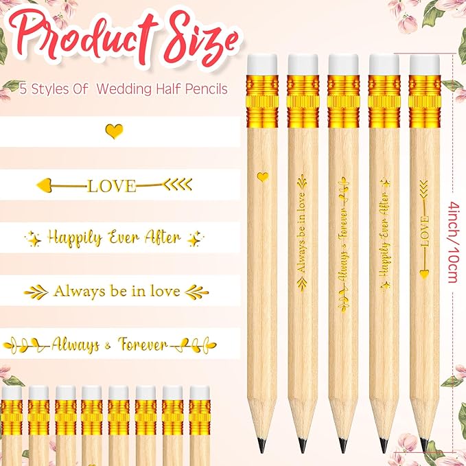 Crtiin 50 Pcs Bridal Shower Pencils Half Golf Wedding Pencils with Eraser 4 Inch Short Pocket Pre Sharpened for Wedding Game Bridal Shower Presents Classroom School(Wood Color)