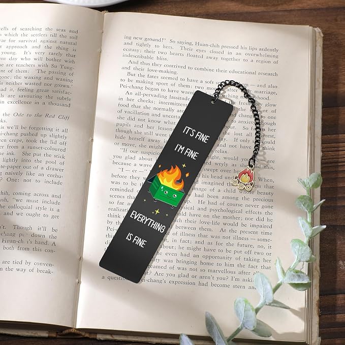 Funny Bookmark for Men - Dumpster Fire Desk Accessories Metal Book Marks Gifts for Reading Women Black Cute Inspirational Page Markers for Boys Girls Kids Students Teachers Birthday School