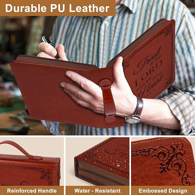 Large Bible Cover Case for Men Women, Mens Bible Covers Cases Leather Bible Cover Carrying Case for Women Men with Handle Zippered Bible Book Cover Holder Bag Case(Brown, L)