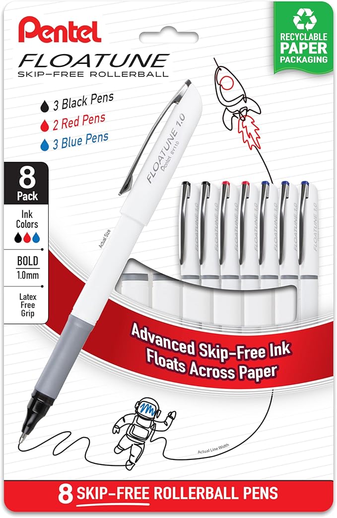 Pentel Floatune Rollerball Pen, (1.0mm), Bold Point, Black/Blue/Red Ink, Pack of 8 (BY110PF8OFC)