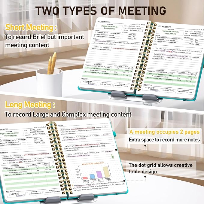 WEMATE 5 Pack Meeting Notebooks for Work（7"x10"） 200 Pages, PU Leather Notebook with Action Items & Note, For Staff & Students, Meeting, Projects Planning- Black, Blue, Green, Olive Green, Dark Blue
