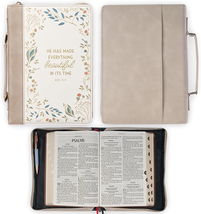 Christian Art Gifts Fashion Premium Vegan Leather Inspirational Bible Cover for Women: Everything Beautiful Encouraging Golden Bible Verse, Pen Loops, Pockets, Taupe & White Multicolor Floral, XL