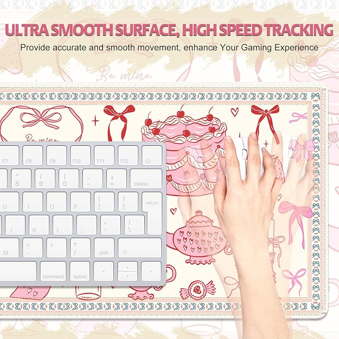 Desk Pad for Keyboard and Mouse, Large Mouse Pad for Desk, Non-Slip Keyboard Mat, Computer Mats for Desk, Cute Desk Pad with Stitched Edges for Office, Gaming I Kawaii Pink Bow Heart