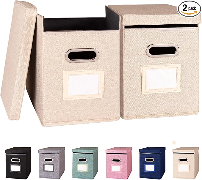 2 Pack Hanging File Folders Organizer with Lid, Letter Size Fabric File Storage Box Collapsible, Portable Office Document Holder with Metal Handle, Smooth PVC Rails, Beige