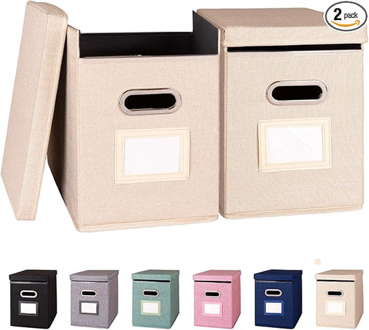 2 Pack Hanging File Folders Organizer with Lid, Letter Size Fabric File Storage Box Collapsible, Portable Office Document Holder with Metal Handle, Smooth PVC Rails, Beige