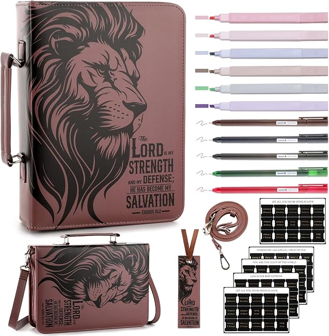 19PCS The Lord is My Strength Lion Leather Bible Cover for Men Bible Cover Cases for Mens Christian Gift Carrying Bag Journaling Kit with Shoulder Strap Highlighter Pens & Book Marker Study Supplies