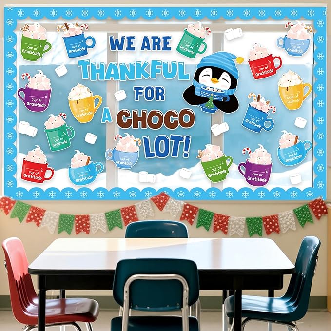 Funrous 51 Pcs Winter Bulletin Board Set Classroom Decor Winter Bulletin Boards We are Thankful for a Chocolate Lot Penguin Latte Paper Cutouts for Christmas Holiday School Classroom Home Wall Decor
