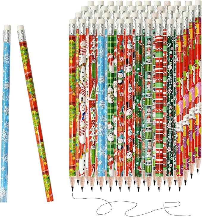 48Pcs Christmas Pencils for Kids, Christmas Wooden Holiday Pencils with Erasers, Santa, Snowman, Reindeer Designs for Classroom Party Favors, Stocking Stuffers, Xmas Gift Supplies, School Supplies