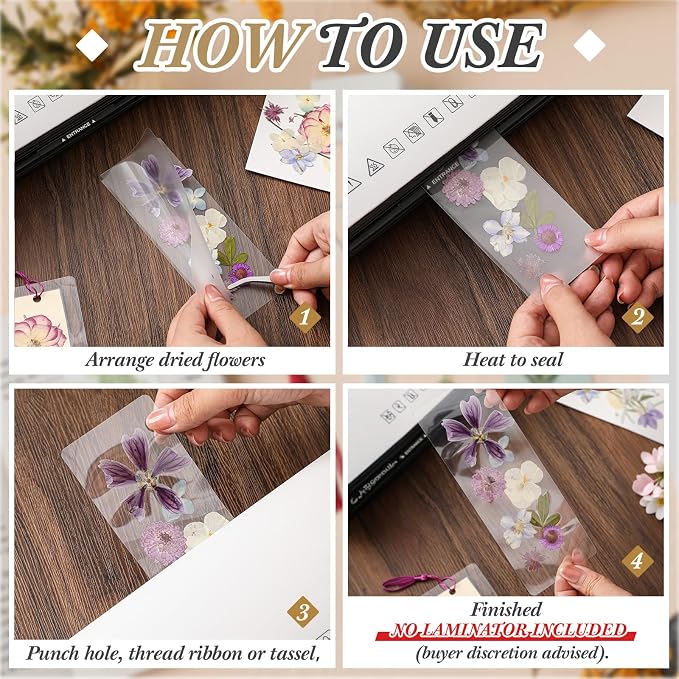 Fuyoooo 376 Pcs Dried Flower Bookmark Making Kit, DIY Bookmark Laminating Pouches with Tassels and Puncher, Handmade Craft Kit for Women, DIY Gifts for Book Lovers (Purple,2 x 6 Inch)