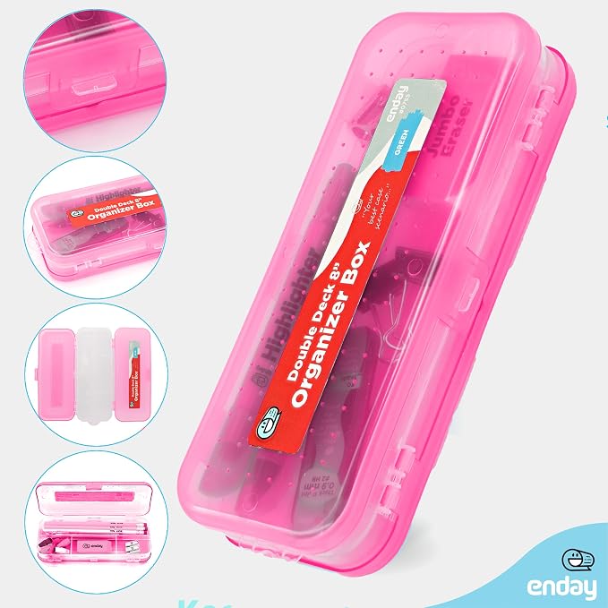 Enday Pencil Box Pink, Plastic Double Deck Pencil Case with 7 Compartments, Box Organizer with Snap Closure for Home and Office