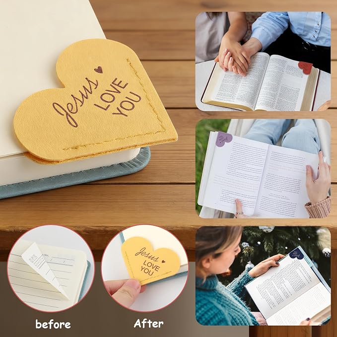 Leather Heart Bookmarks, 6pcs Cute Corner Page Book Marks, Jesus Love You,for Inspirational Religious Gifts Book Accessories (6pcs)