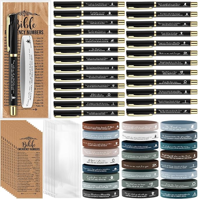 TecUnite 25 Sets Father's Day Christian Church Gifts Bulk for Men Bible Verse Gel Pens Religious Silicone Wristband Emergency Numbers Bookmarks for Coworker Nurse Teacher Women(Black)